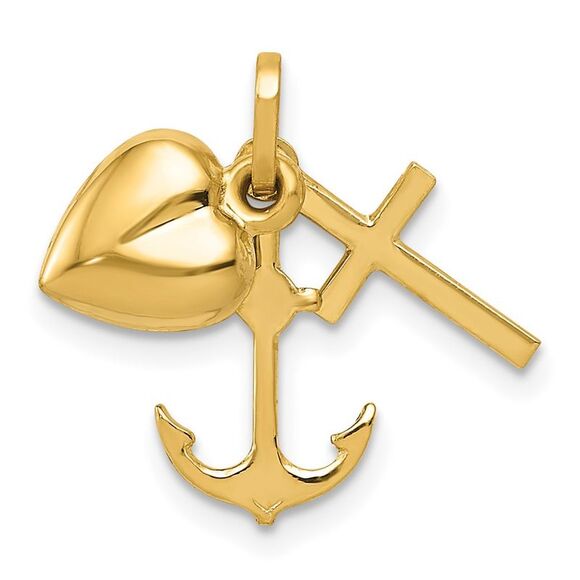 Kazi Luxury 14k Yellow Gold Polished Heart Cross Anchor Pendant